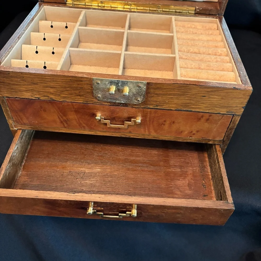 Vintage Wooden Jewelry Box with Brass Accents